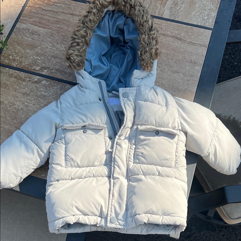 Zara Kids Cream Puffer Jacket with Faux Fur Trim